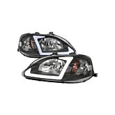 Sonar Hauptscheinwerfern LED DRL black housing/klares + orange corner (Honda Civic 99-00 2/3/4 drs) | HL-CV99J-LED-BH/CL | A4H-TECH / ALL4HONDA.COM
